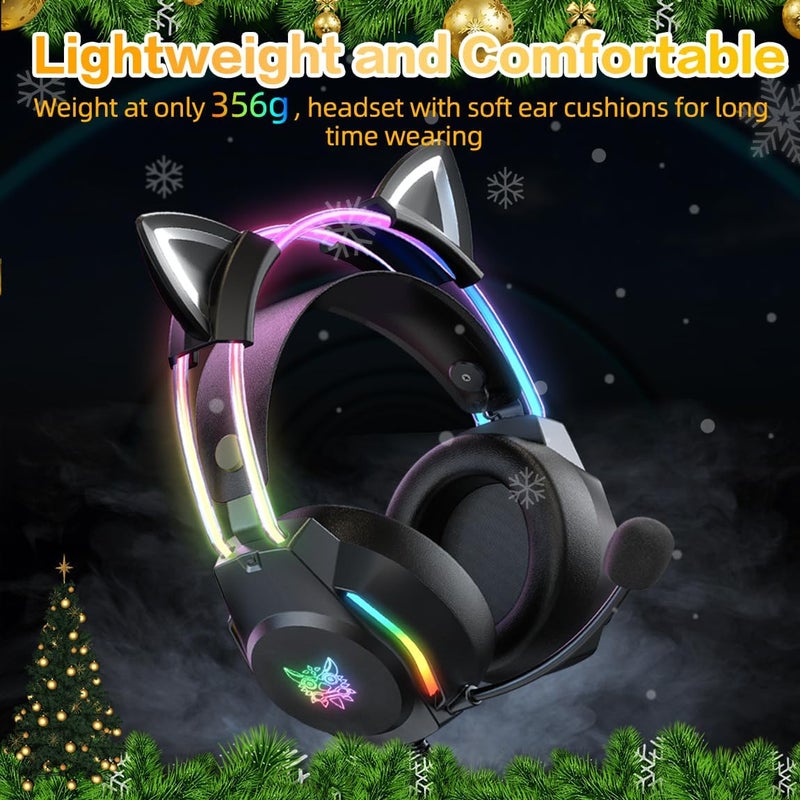 ONITOON Gaming Headset with Microphone, Cat Ear Headphones for PC Laptop PS4 PS5 Xbox Switch, Rainbow RGB Lighting & Virtual Surround Sound, 3.5mm Wired Over Ear Headphones, Ergonomic - Image 5